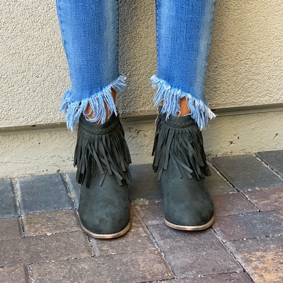 Olive Green Western Boho Braid Fringe Ankle Boots - Picture 7 of 13